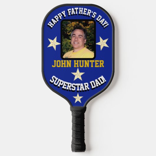 "Superstar Dad" Vaderdag Blauw/Goud Pickleball Paddle (Voorkant)