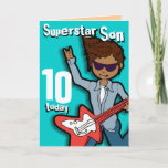 Superstar Son 10e verjaardag aqua boy card Kaart<br><div class="desc">Op deze kaart staat "Superstar Son 10 vandaag. Binnenin: "Happy Birthday". Of pas je aan met je eigen woorden. Fun-kaart,  uitsluitend ontworpen door Sarah Trett.</div>