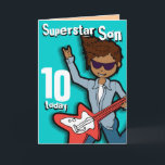 Superstar Son 10e verjaardag aqua boy card Kaart<br><div class="desc">Op deze kaart staat "Superstar Son 10 vandaag. Binnenin: "Happy Birthday". Of pas je aan met je eigen woorden. Fun-kaart,  uitsluitend ontworpen door Sarah Trett.</div>