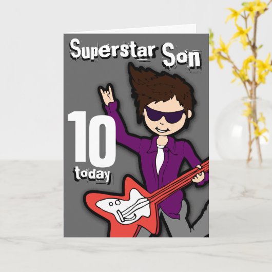 Superstar Son 10e verjaardag grijze rode jongen ka Kaart (Gele Bloem)