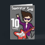 Superstar Son 10e verjaardag grijze rode jongen ka Kaart<br><div class="desc">Deze kaart zegt "Superstar Son 10 vandaag. Binnenin: "Happy Birthday". Of pas het aan met je eigen woorden. Leuke kaart met een jongen met donker haar en lichte huid illustratie en ontwerp door Sarah Trett.</div>
