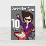 Superstar Son 10e verjaardag grijze rode jongetkaa Kaart<br><div class="desc">Op deze kaart staat "Superstar Son 10 vandaag. Binnen: "Happy Birthday". Of pas je aan met je eigen woorden. Fun-kaart met een jongen met donker haar en lichte huidillustratie en design van Sarah Trett.</div>