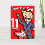 Superstar Son 11e verjaardag rode blonde-jongen Kaart<br><div class="desc">Op deze kaart staat "Superstar Son 11 vandaag. Binnenin: "Happy Birthday". Of pas je aan met je eigen woorden. Fun-kaart,  uitsluitend ontworpen door Sarah Trett.</div>