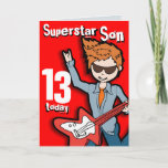 Superstar Son 11e verjaardag rode-jongetkaart Kaart<br><div class="desc">Op deze kaart staat: "Superstar Son 13 vandaag. Binnenin: "Happy Birthday". Of pas je aan met je eigen woorden. Fun-kaart,  uitsluitend ontworpen door Sarah Trett.</div>
