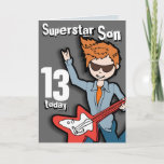 Superstar Son 11th verjaardagskaart Kaart<br><div class="desc">Op deze kaart staat: "Superstar Son 13 vandaag. Binnenin: "Happy Birthday". Of pas je aan met je eigen woorden. Fun-kaart,  uitsluitend ontworpen door Sarah Trett.</div>