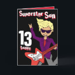 Superstar Son 13e verjaardag rode blonde haarkaart Kaart<br><div class="desc">Deze kaart zegt Superstar Son 13 vandaag. Binnen Happy Birthday,  of u kunt aanpassen met uw eigen woorden. Leuke kaart rockster jongen spelen van een elektrische gitaar kunst en ontwerp van Sarah Trett voor www.mylittleeden.com</div>