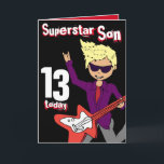 Superstar Son 13e verjaardag rode blonde haarkaart Kaart<br><div class="desc">Deze kaart zegt Superstar Son 13 vandaag. Binnen Happy Birthday,  of u kunt aanpassen met uw eigen woorden. Leuke kaart rockster jongen spelen van een elektrische gitaar kunst en ontwerp van Sarah Trett voor www.mylittleeden.com</div>