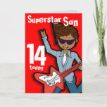 Superstar Son 14e verjaardag rode kaart<br><div class="desc">Op deze kaart staat: "Superstar 14 vandaag. Binnenin: "Happy Birthday". Of pas je aan met je eigen woorden. Fun-kaart,  uitsluitend ontworpen door Sarah Trett.</div>