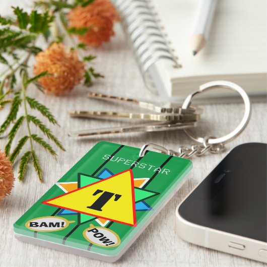 Superster Cartoon Monogram Geel Groen Sleutelhanger (Voorkant Rechts)
