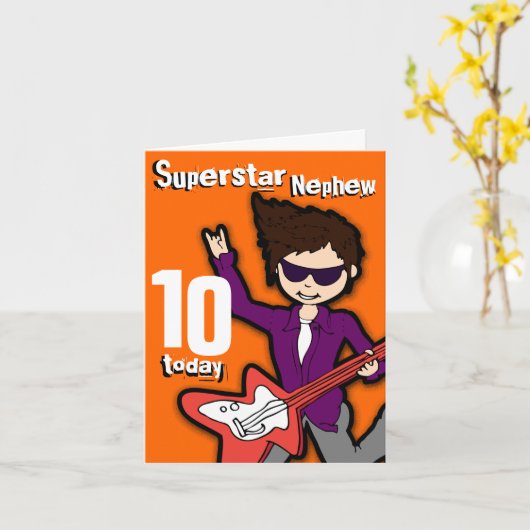 Superster Nephew 10e verjaardag oranje rode jongen Kaart (Gele Bloem)