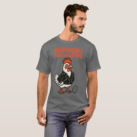 Support Polinators Cool Rooster in Leather Jacket T-shirt (Voorkant volledig)
