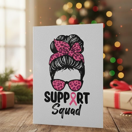 Support Squad Messy Bun Pink Warrior Breast Cancer Bedankkaart