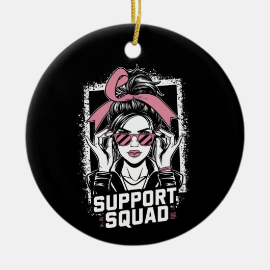 Support Squad Messy Bun Pink Warrior Breast Cancer Keramisch Ornament (Voorkant)