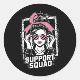 Support Squad Messy Bun Pink Warrior Breast Cancer Ronde Sticker
