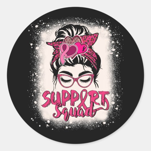 Support Squad Messy Bun Pink Warrior Breast Cancer Ronde Sticker (Voorkant)