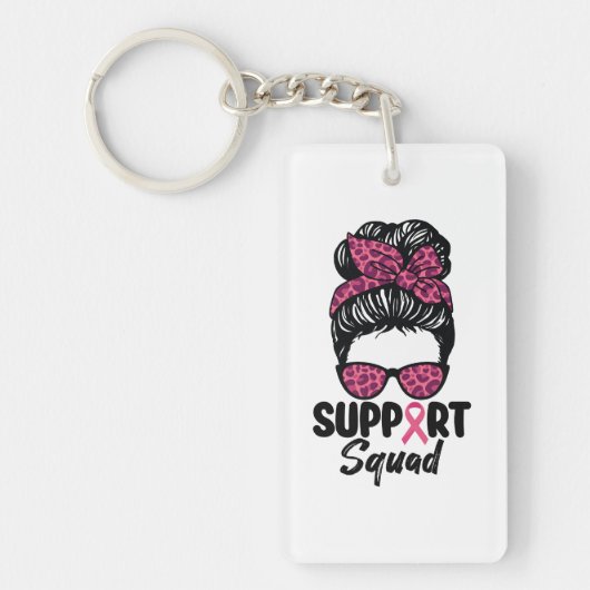 Support Squad Messy Bun Pink Warrior Breast Cancer Sleutelhanger (Voorkant)