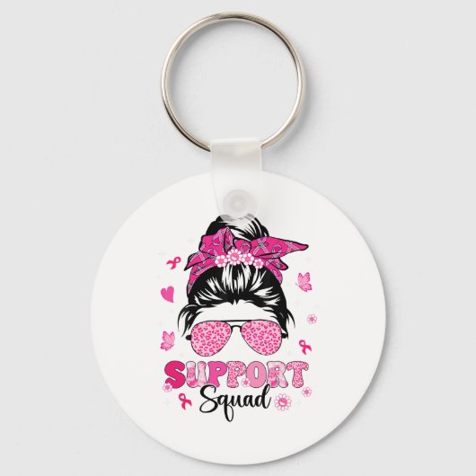 Support Squad Messy Bun Pink Warrior Breast Cancer Sleutelhanger (Voorkant)