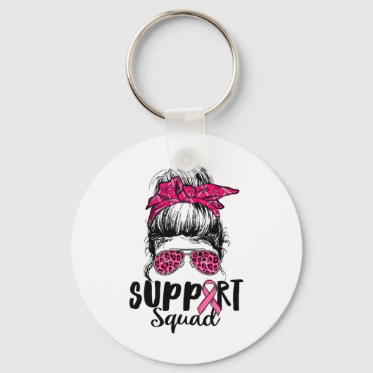 Support Squad Messy Bun Pink Warrior Breast Cancer Sleutelhanger (Voorkant)