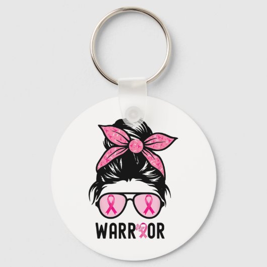 Support Squad Messy Bun Pink Warrior Breast Cancer Sleutelhanger (Voorkant)