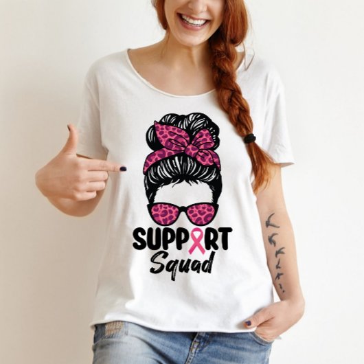 Support Squad Messy Bun Pink Warrior Breast Cancer T-shirt