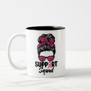 Support Squad Messy Bun Pink Warrior Breast Cancer Tweekleurige Koffiemok