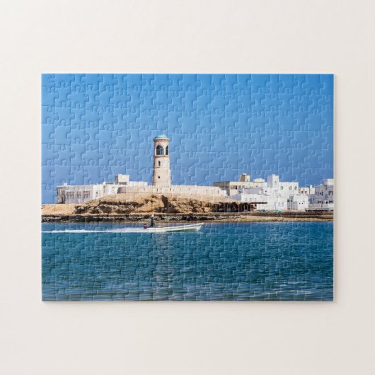 Sur vuurtoren met vissersboot - Sur, Oman Legpuzzel (Horizontaal)