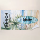 Surboard strand palmbomen naam citaat strandlaken (Voorkant)