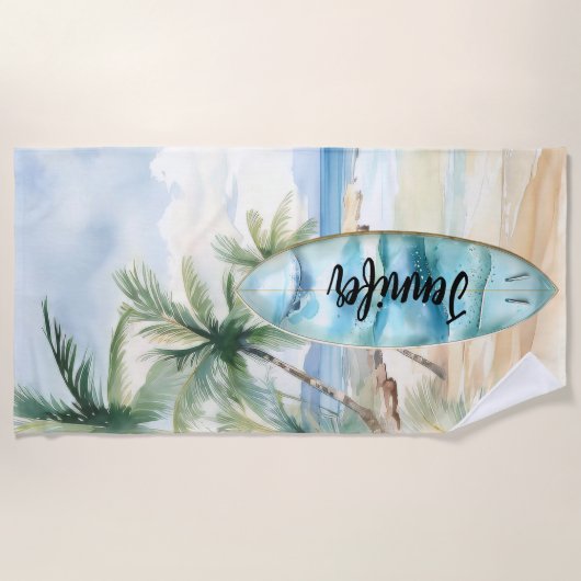Surboard strand palmbomen naam strandlaken (Voorkant)
