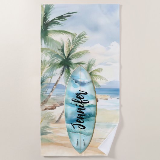 Surboard strand palmbomen naam strandlaken (Voorkant)