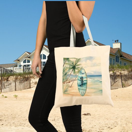 Surboard strand palmbomen naam tote bag