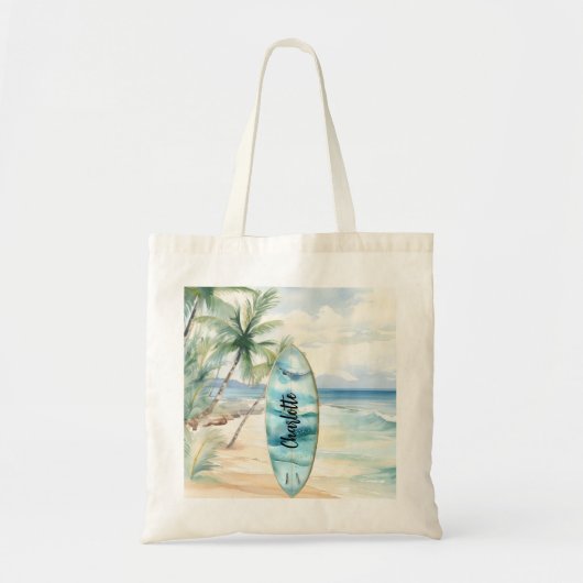 Surboard strand palmbomen naam tote bag (Voorkant)