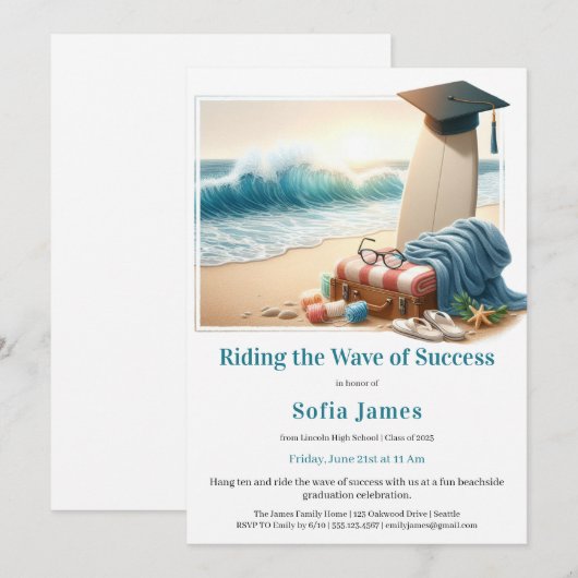 Surf Beach Graduation Party Invitation Kaart (Voorkant / Achterkant)