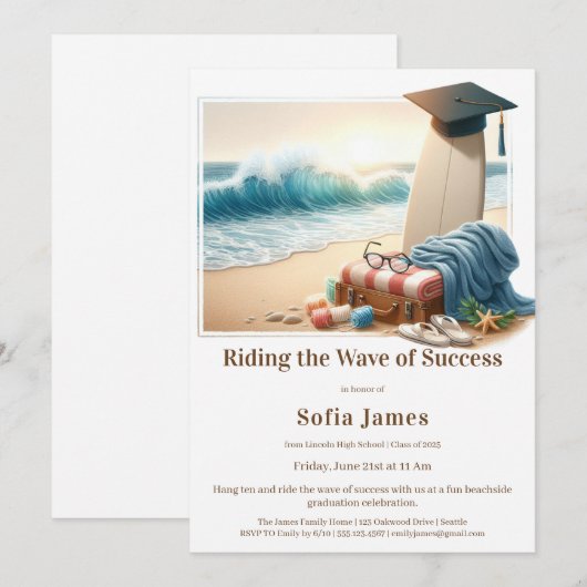 Surf Beach Graduation Party Invitation Kaart (Voorkant / Achterkant)