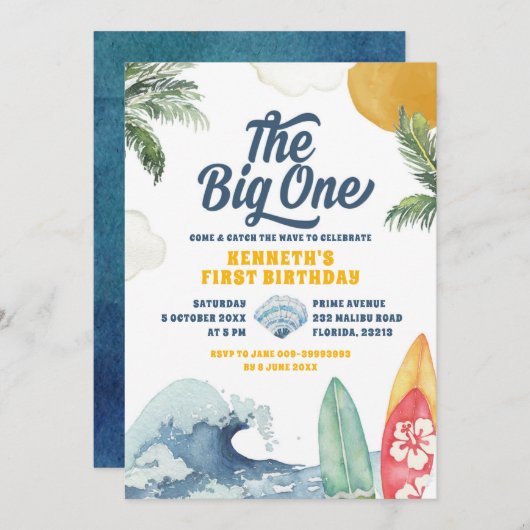 Surf Beach Summer Big One First Birthday Invitatio Kaart (Voorkant / Achterkant)