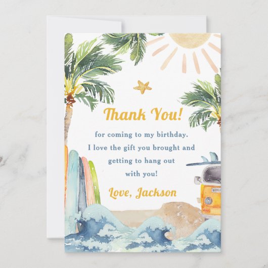 Surf Beach Verjaardagsfeestje Dank je kaart (Voorkant)