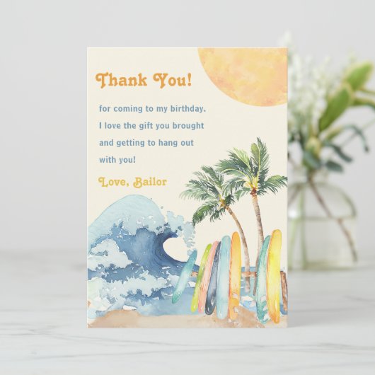 Surf Beach Verjaardagsfeestje Dank je kaart (Staand voorkant)