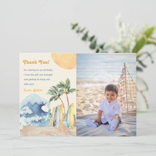 Surf Beach Verjaardagsfeestje Dank je kaart (Staand voorkant)