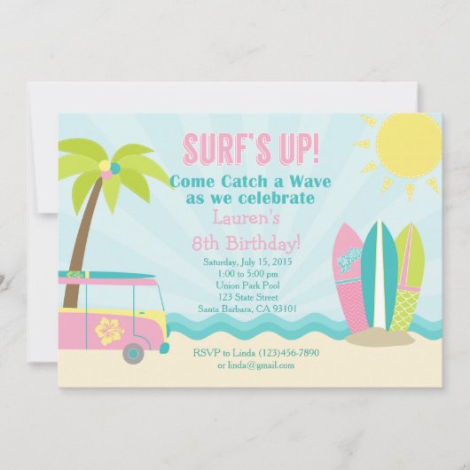 Surf Birthday Invitation for Girl in Pink! Kaart (Voorkant)
