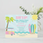 Surf Birthday Invitation for Girl in Pink! Kaart (Staand voorkant)