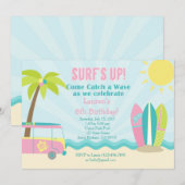 Surf Birthday Invitation for Girl in Pink! Kaart (Voorkant / Achterkant)