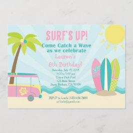 Surf Birthday Invitation for Girl in Pink! Kaart