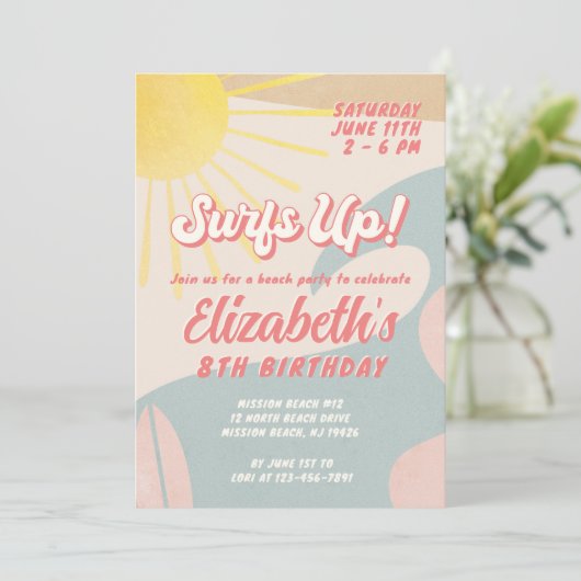 Surf - Birthday - uitnodiging voor een meisje van  (Staand voorkant)