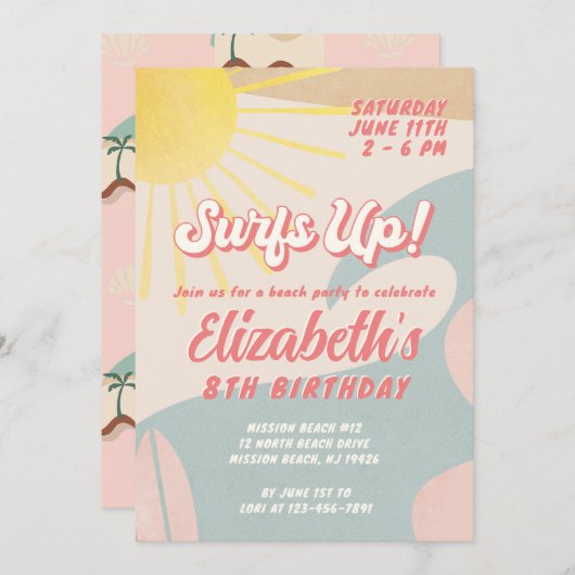 Surf - Birthday - uitnodiging voor een meisje van  (Voorkant / Achterkant)