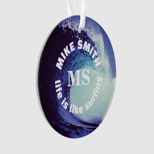 Surf Blue Wave Aangepaste naam Ornament (voorkant)