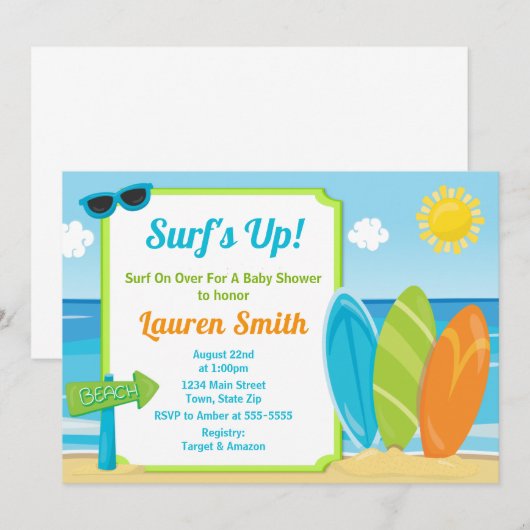 Surf Board Baby shower Uitnodiging Surfer Boy (Voorkant / Achterkant)