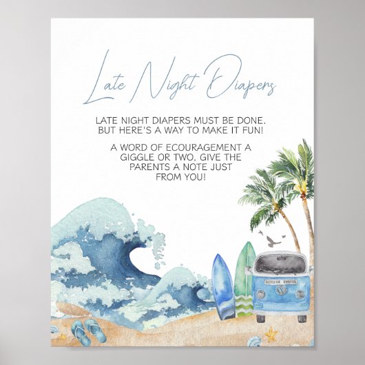 Surf Board Beach Baby shower Late Night Luiers Poster (Voorkant)