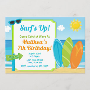 Surf Board Birthday Invitation Surf Beach Party Kaart