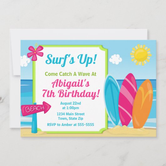 Surf Board of Birthday Uitnodiging Surf Girl Beach (Voorkant)