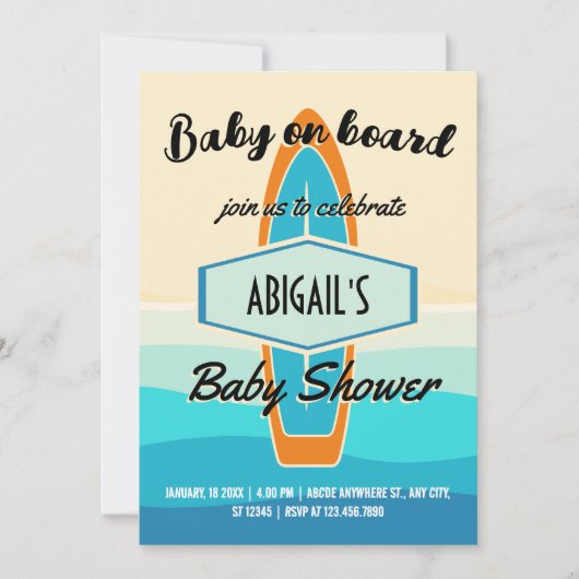 Surf board strand baby shower uitnodiging (Voorkant)