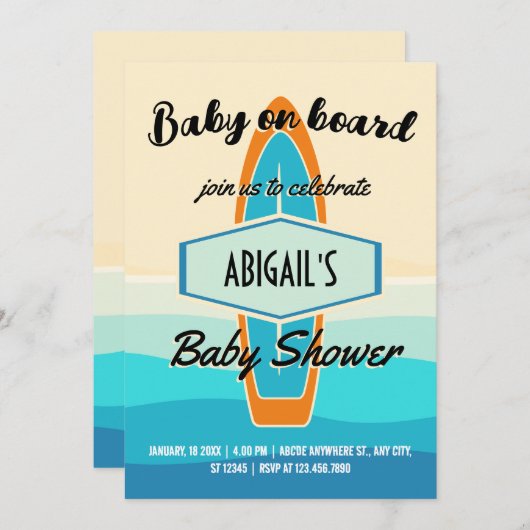 Surf board strand baby shower uitnodiging (Voorkant / Achterkant)